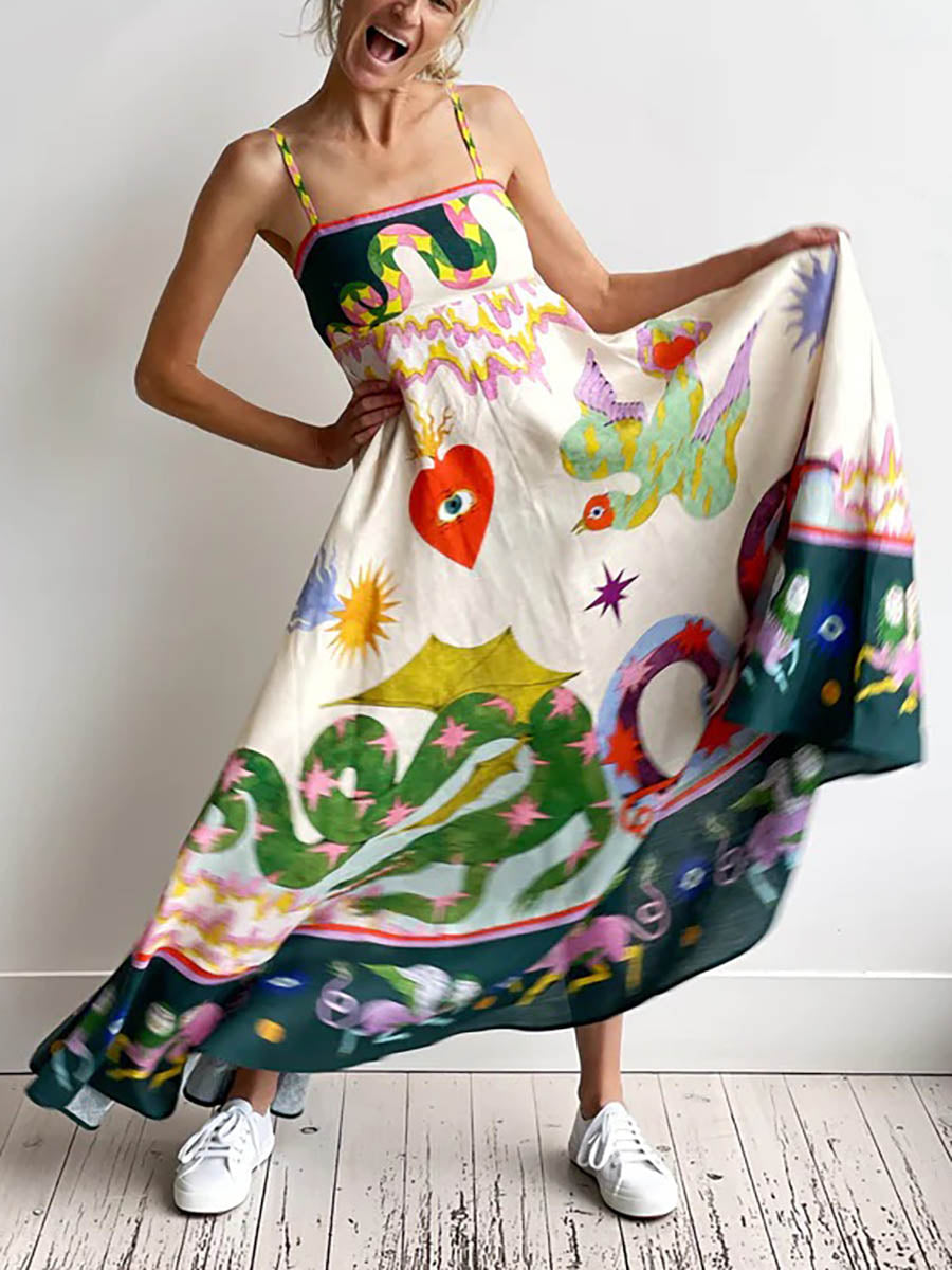 Feel Effortlessly Linen Blend Unique Print Smocked Back Pocketed Midi Dress