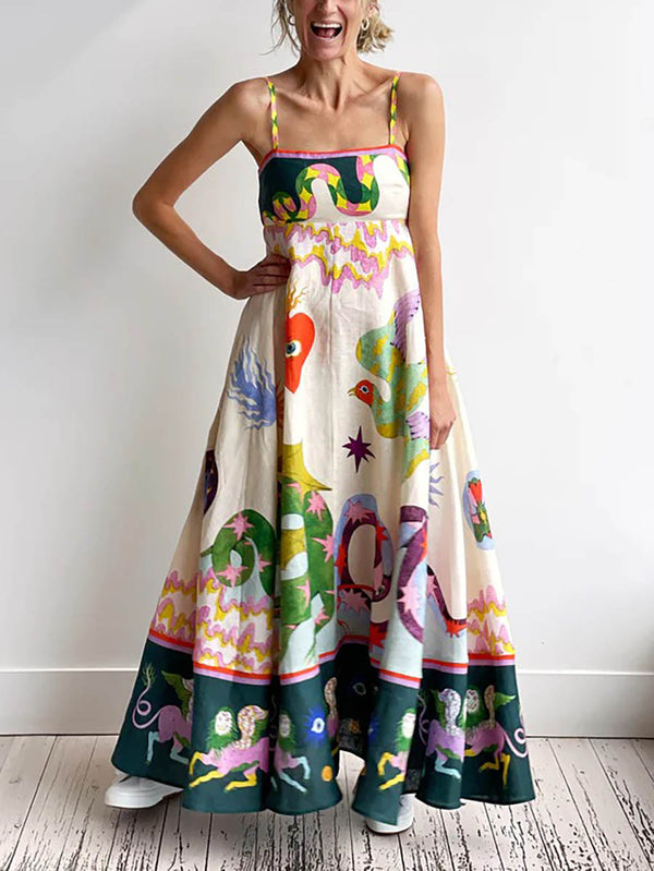 Feel Effortlessly Linen Blend Unique Print Smocked Back Pocketed Midi Dress