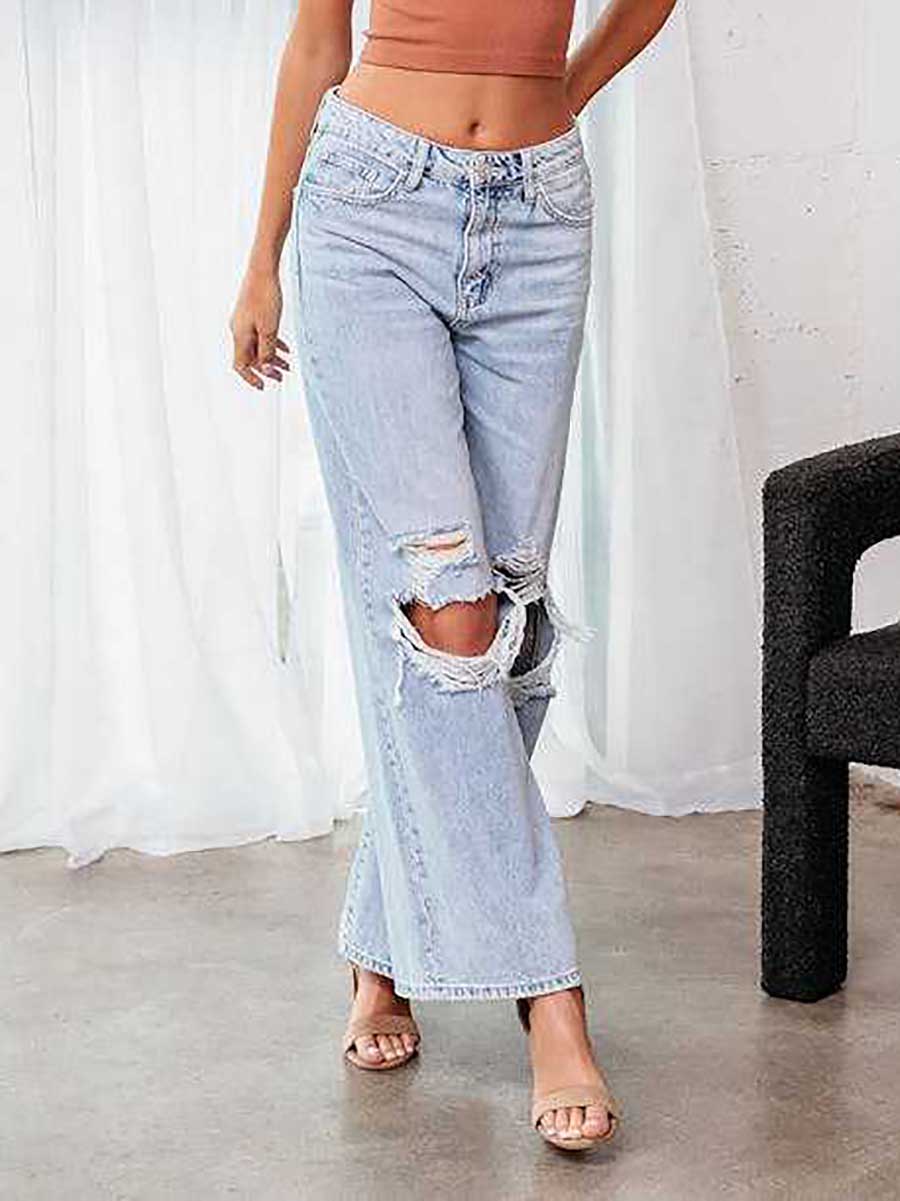 Stunncal Stylish ripped mid-waist wide-leg denim pants