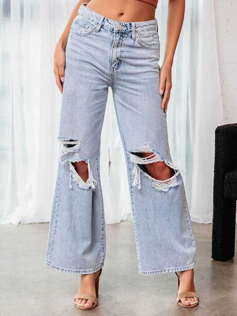 Stunncal Stylish ripped mid-waist wide-leg denim pants