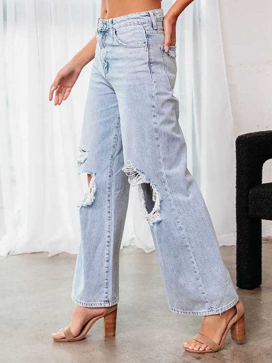 Stunncal Stylish ripped mid-waist wide-leg denim pants