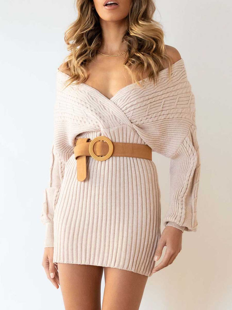 Stunncal V-neck Sexy Twist Mid-length Women's Sweater Wrap Skirt
