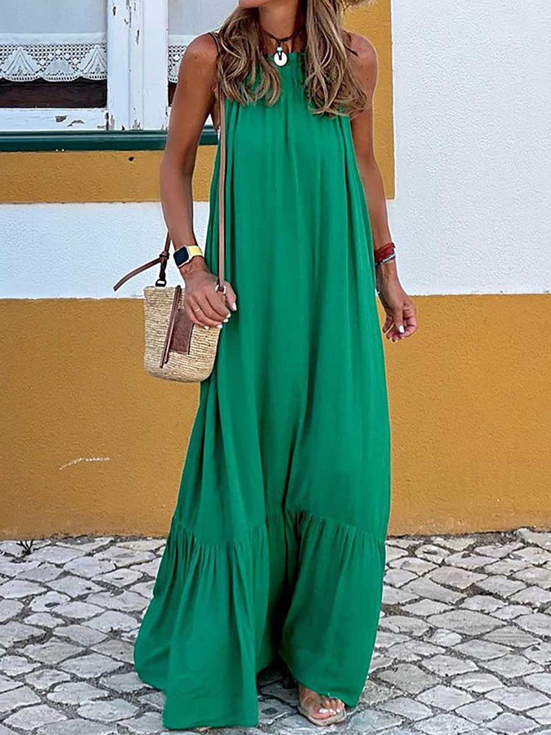 Stunncal Fashion Temperament Solid Color Sleeveless Neck Long Dresses