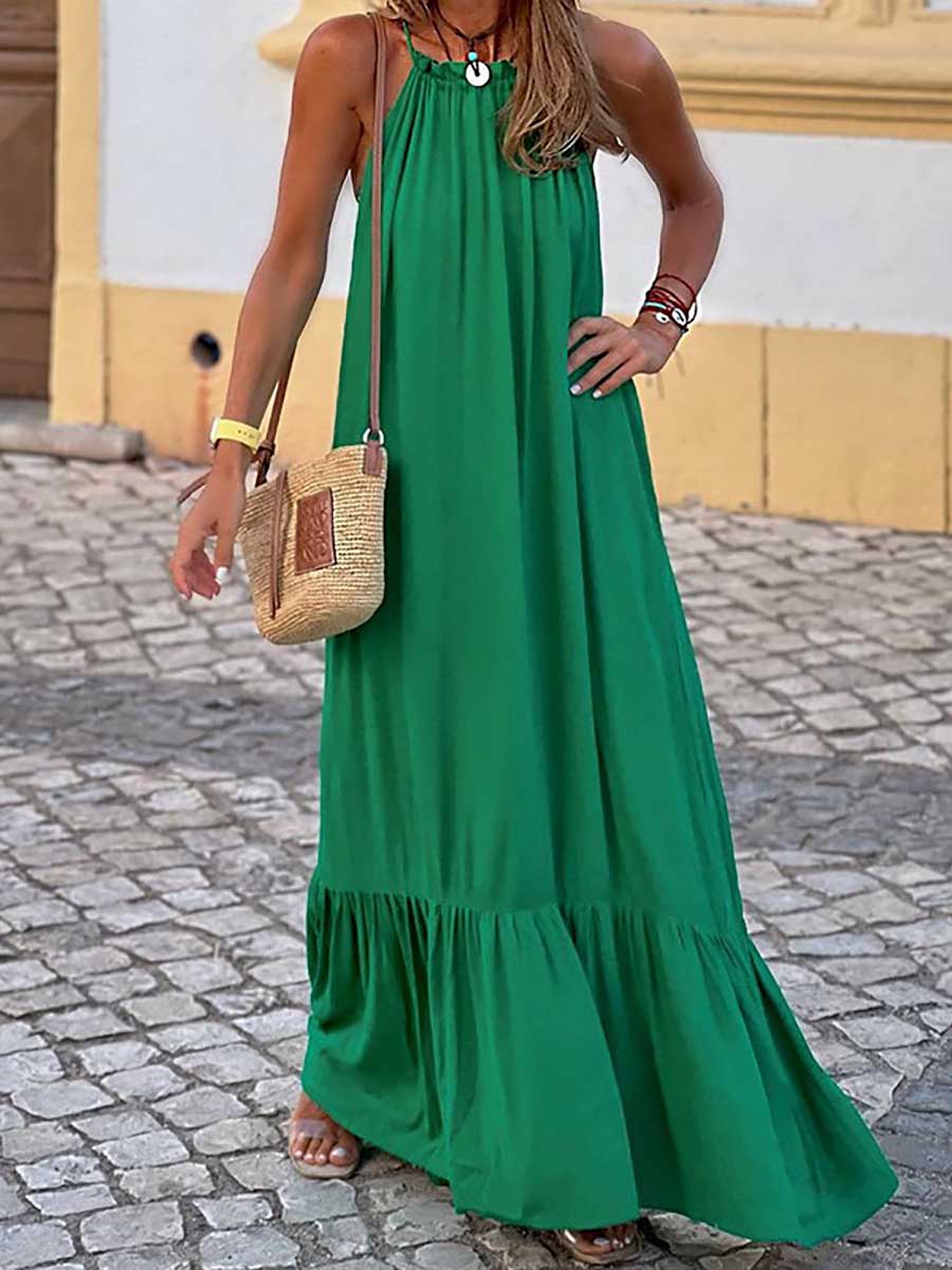 Stunncal Fashion Temperament Solid Color Sleeveless Neck Long Dresses