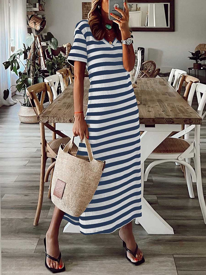 Stunncal Striped printed v-neck long skirt