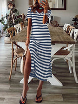 Stunncal Striped printed v-neck long skirt