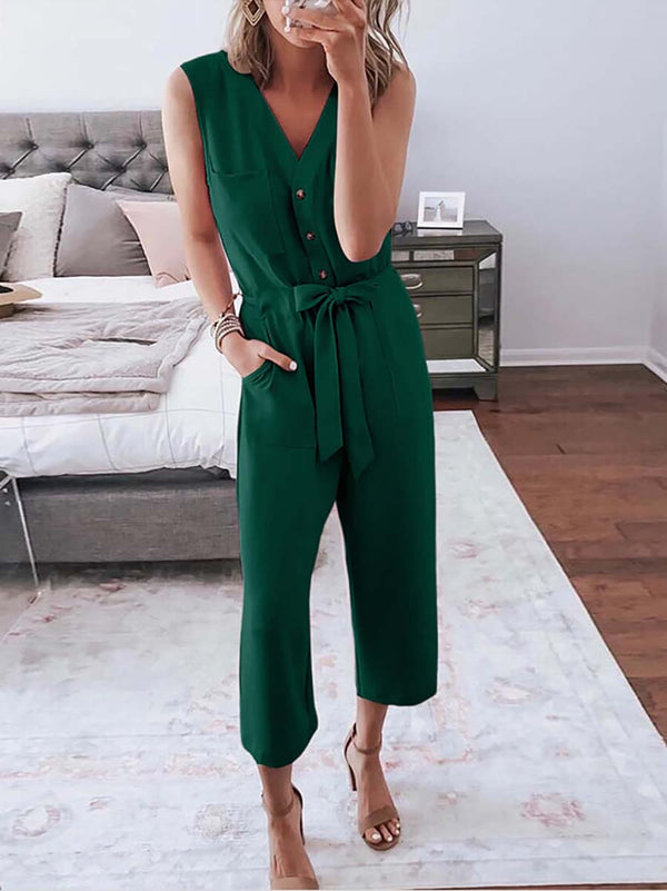 Stunncal Buttoned Sleeveless Cropped Jumpsuit With Sash