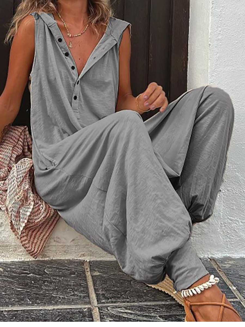 Stunncal Buttoned Hooded Sleeveless Pants Jumpsuit