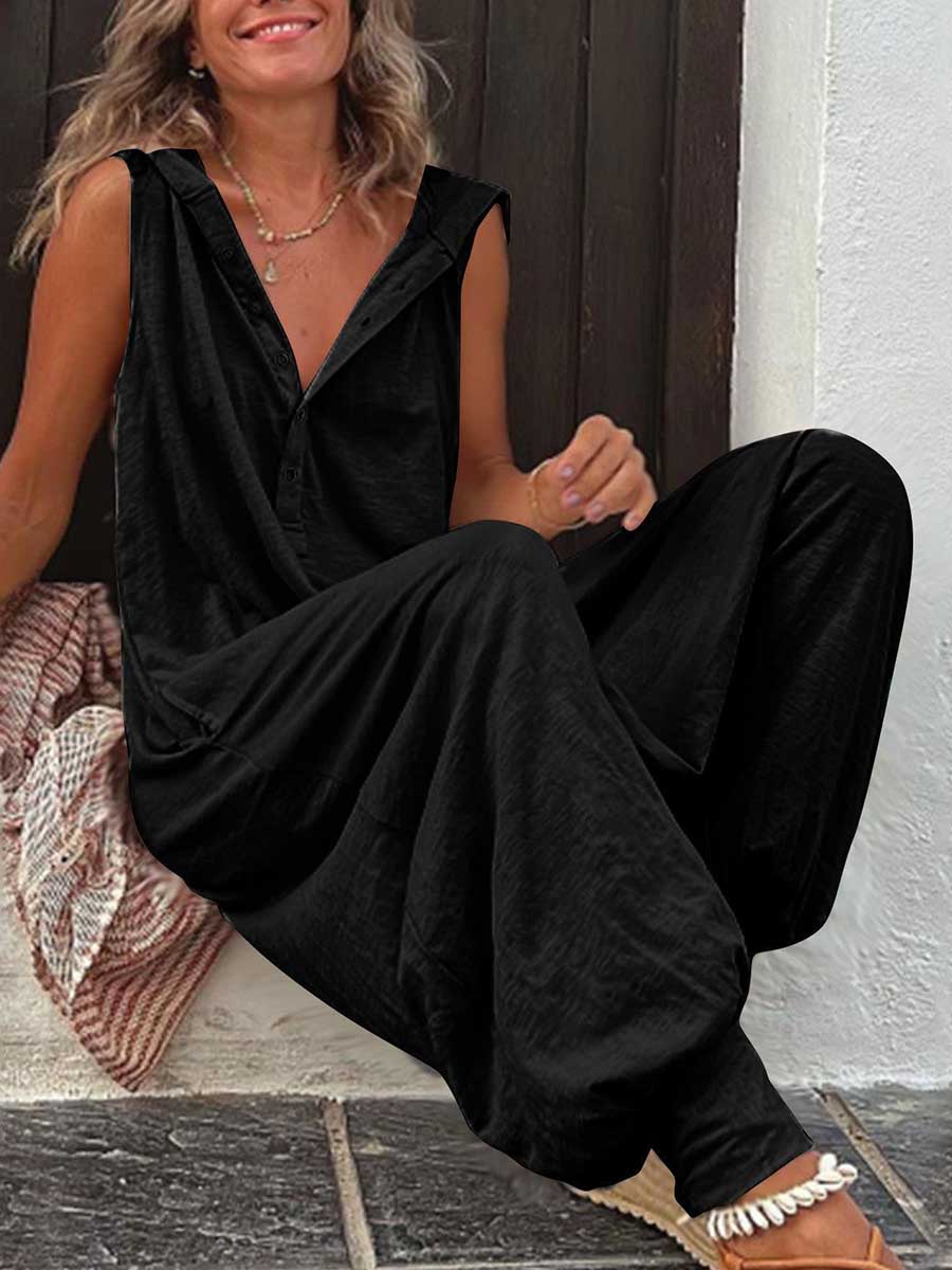 Stunncal Buttoned Hooded Sleeveless Pants Jumpsuit