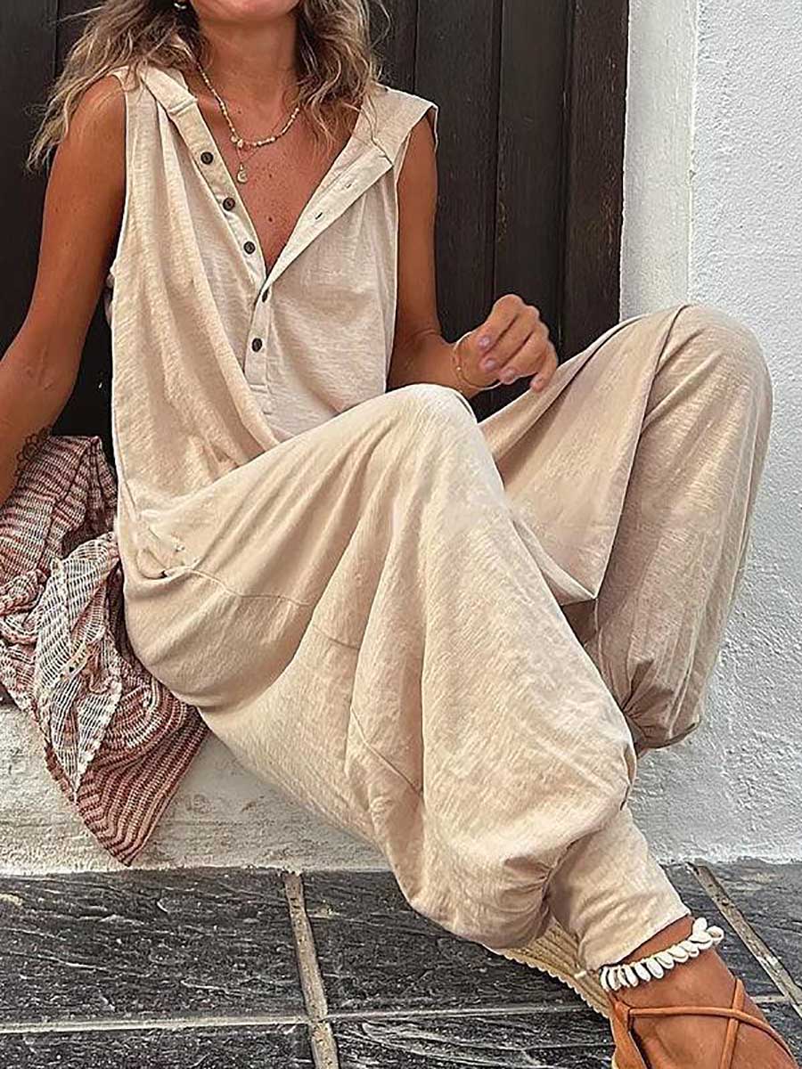 Stunncal Buttoned Hooded Sleeveless Pants Jumpsuit