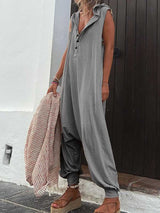 Stunncal Buttoned Hooded Sleeveless Pants Jumpsuit