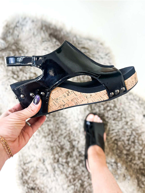 Stunncal Black Patent Wedge Sandals