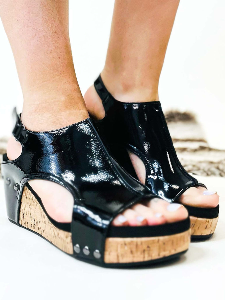 Stunncal Black Patent Wedge Sandals