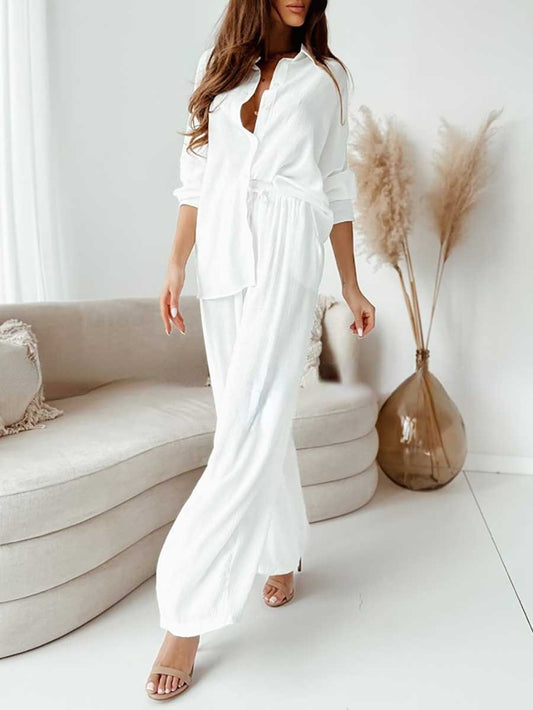 Stunncal Loose Stretch Wrinkle Long Sleeve Shirt Wide Leg Pants Casual Suit