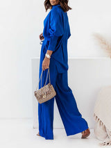 Stunncal Loose Stretch Wrinkle Long Sleeve Shirt Wide Leg Pants Casual Suit