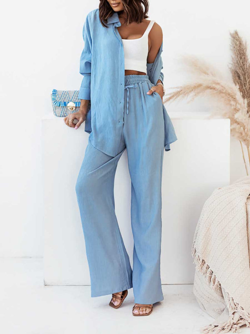 Stunncal Loose Stretch Wrinkle Long Sleeve Shirt Wide Leg Pants Casual Suit