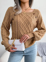 Stunncal Women's Stylish Round Neck Texture Button Lantern Sleeve Sweater
