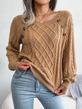 Stunncal Women's Stylish Round Neck Texture Button Lantern Sleeve Sweater