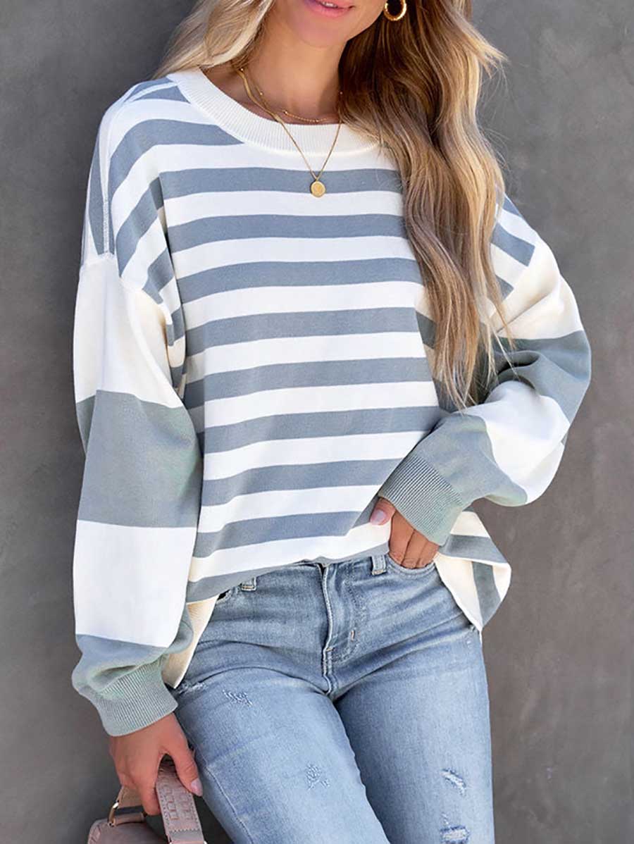 Stunncal Striped Printed Loose Color Clash Sweatshirt