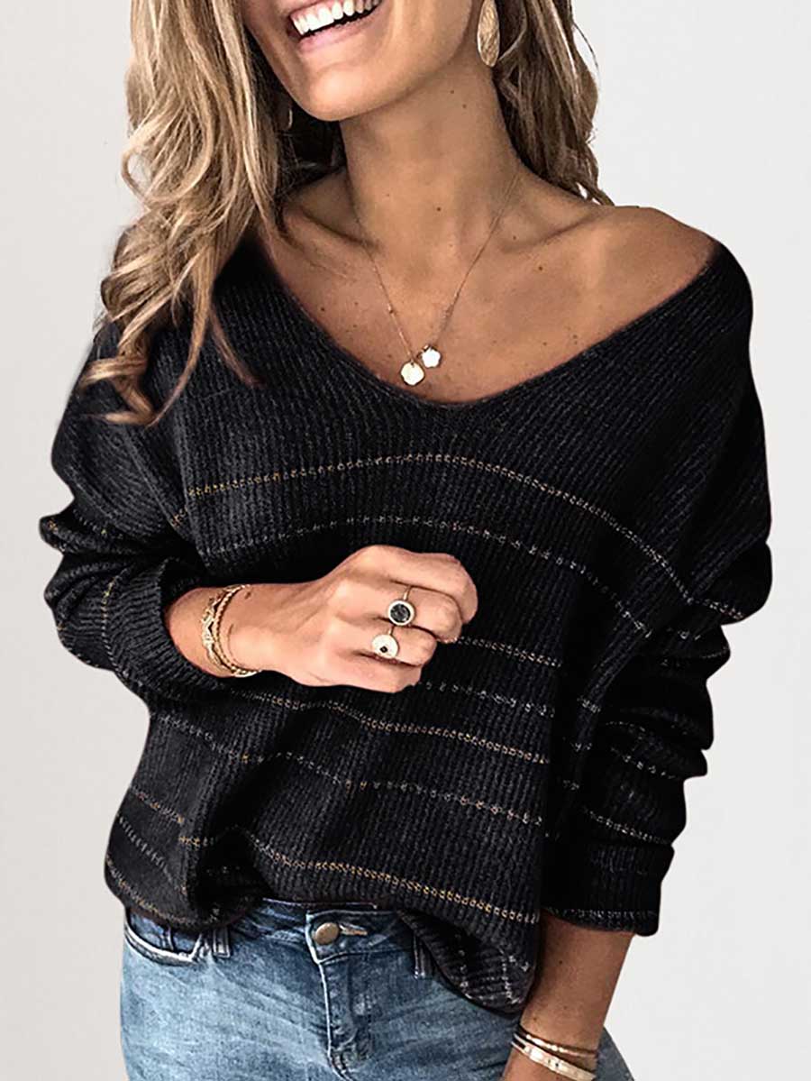 Stunncal Solid Color Knit Sweater Casual Striped V-Neck Top
