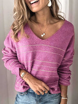 Stunncal Solid Color Knit Sweater Casual Striped V-Neck Top