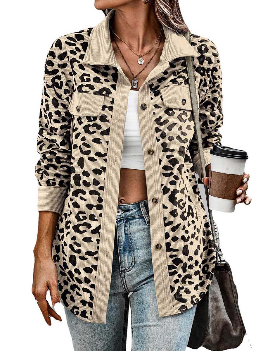 Stunncal Corduroy Leopard Pocket Button Long Sleeve Women's Jacket