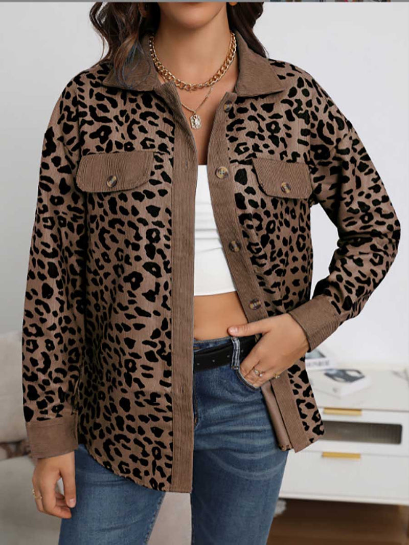Stunncal Corduroy Leopard Pocket Button Long Sleeve Women's Jacket
