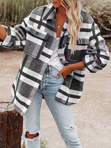Stunncal Autumn and Winter Long-sleeved Lapel Loose Plaid Thickened Tweed Jacket
