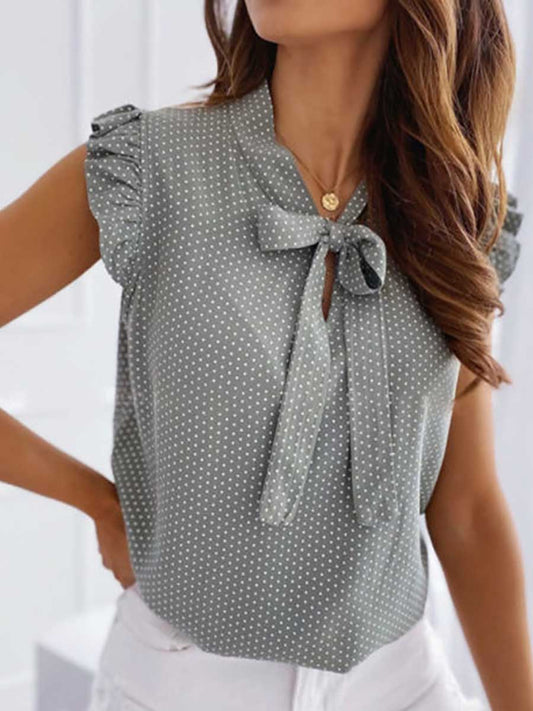 Stunncal Polka Dot Bow Neck Sleeveless Blouse Top