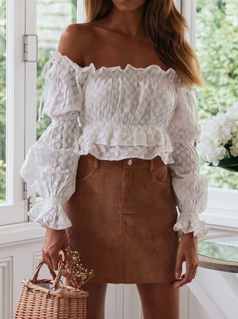 Stunncal Sexy Slim Cotton Embroidery One Shoulder Long Sleeve Shirt