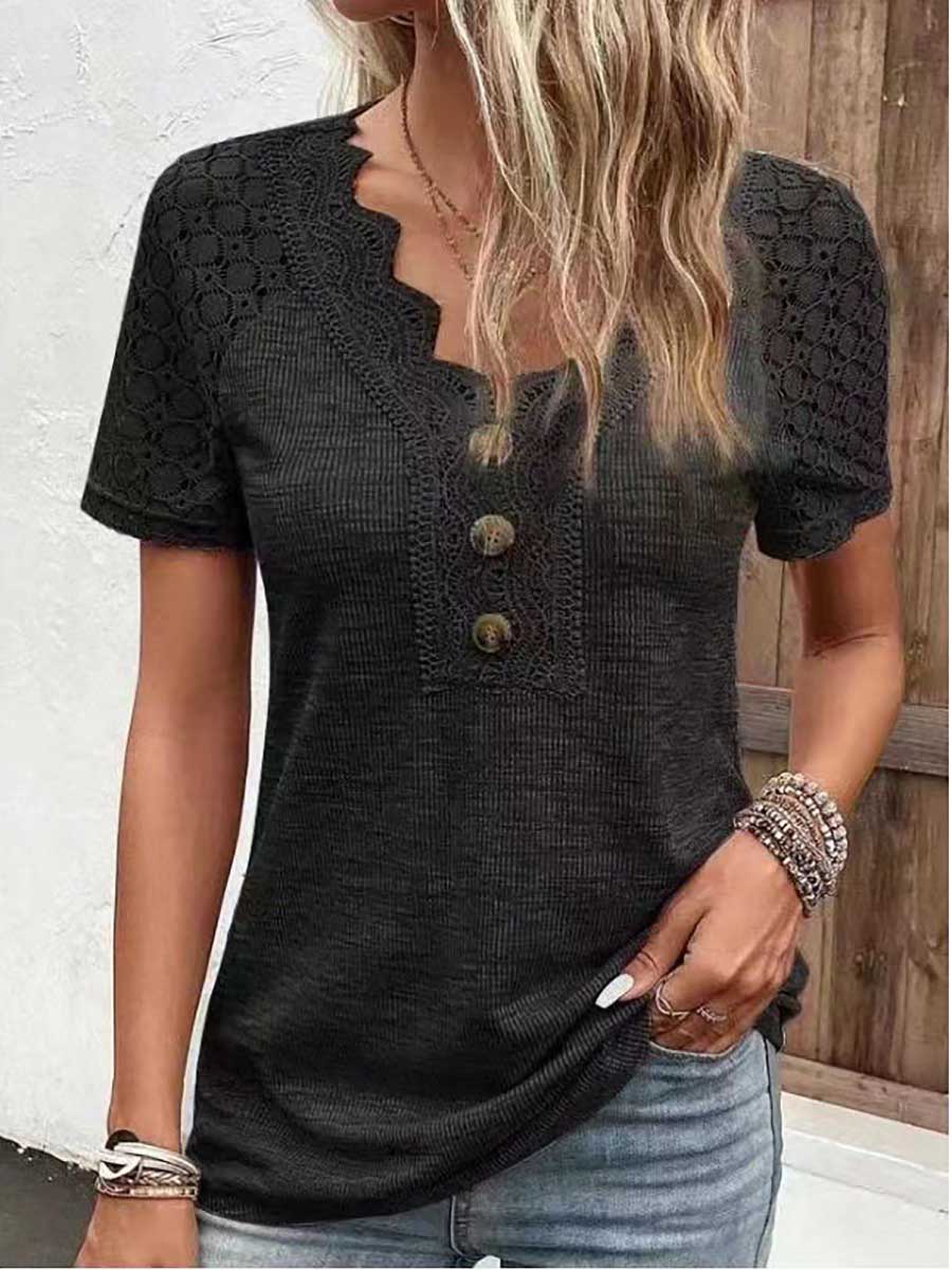 Stunncal Comfortable Casual Lace Splicing V-Neck Pullover Top Women's T-Shirt