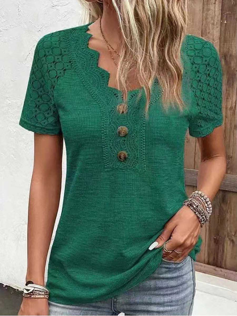 Stunncal Comfortable Casual Lace Splicing V-Neck Pullover Top Women's T-Shirt