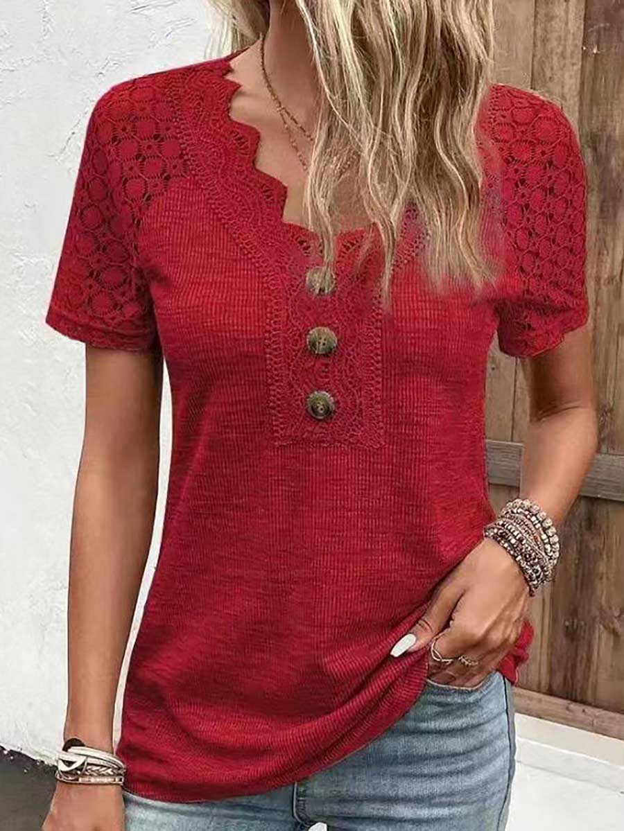 Stunncal Comfortable Casual Lace Splicing V-Neck Pullover Top Women's T-Shirt