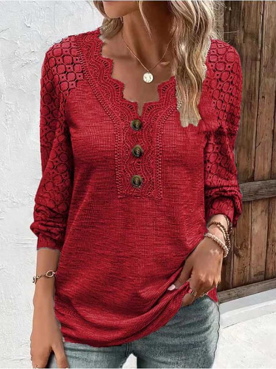 Stunncal Comfortable Casual Lace Splicing V-Neck Pullover Top Women's T-Shirt