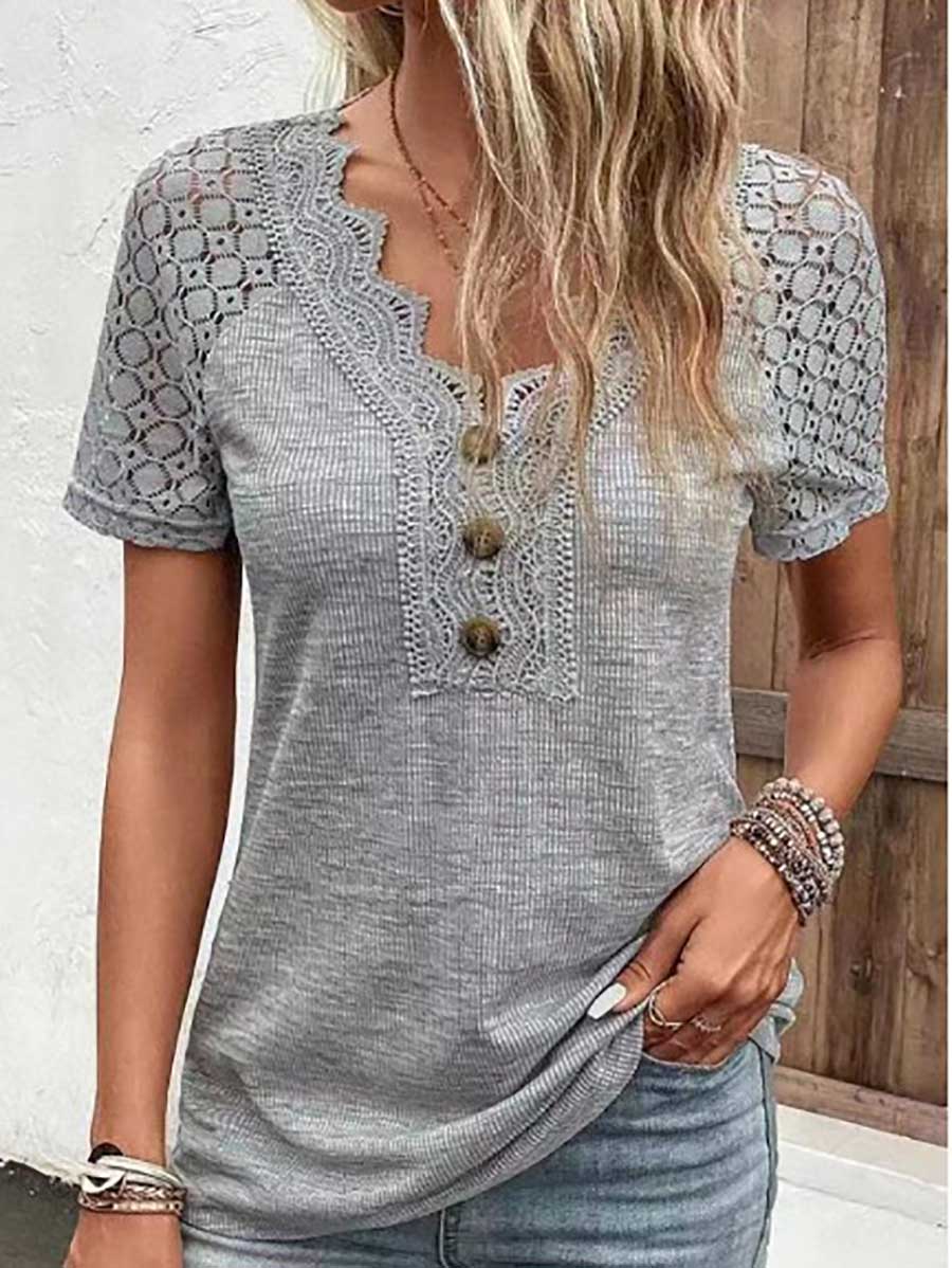 Stunncal Comfortable Casual Lace Splicing V-Neck Pullover Top Women's T-Shirt