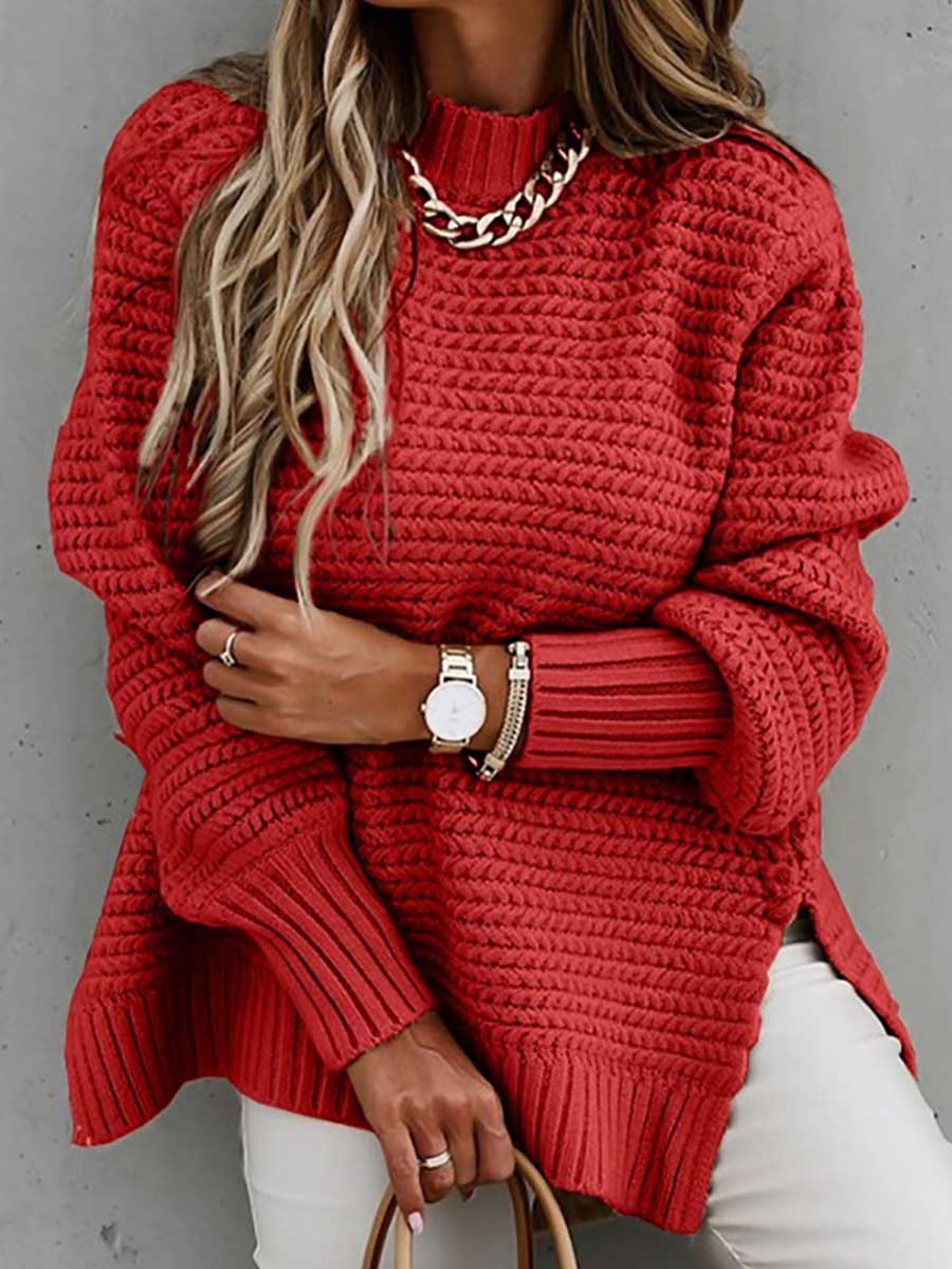 Stunncal Half Turtleneck Solid Color Corset Side Split Knit Sweater