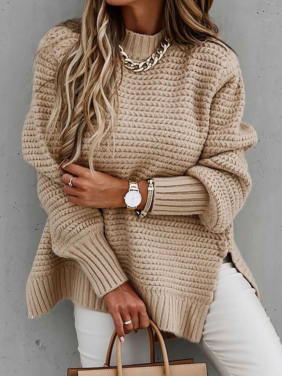 Stunncal Half Turtleneck Solid Color Corset Side Split Knit Sweater