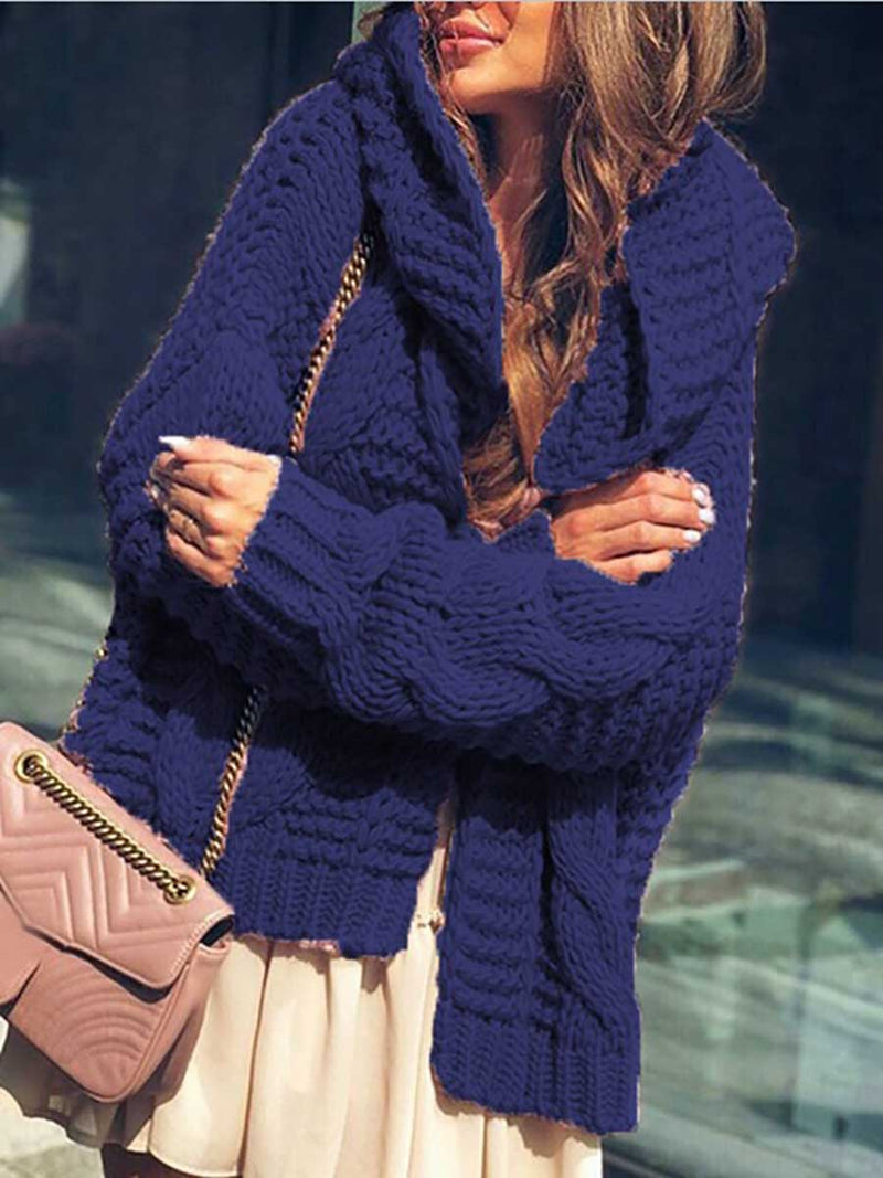 Stunncal Twist Hat Cardigan Solid Color Chunky Knit Sweater