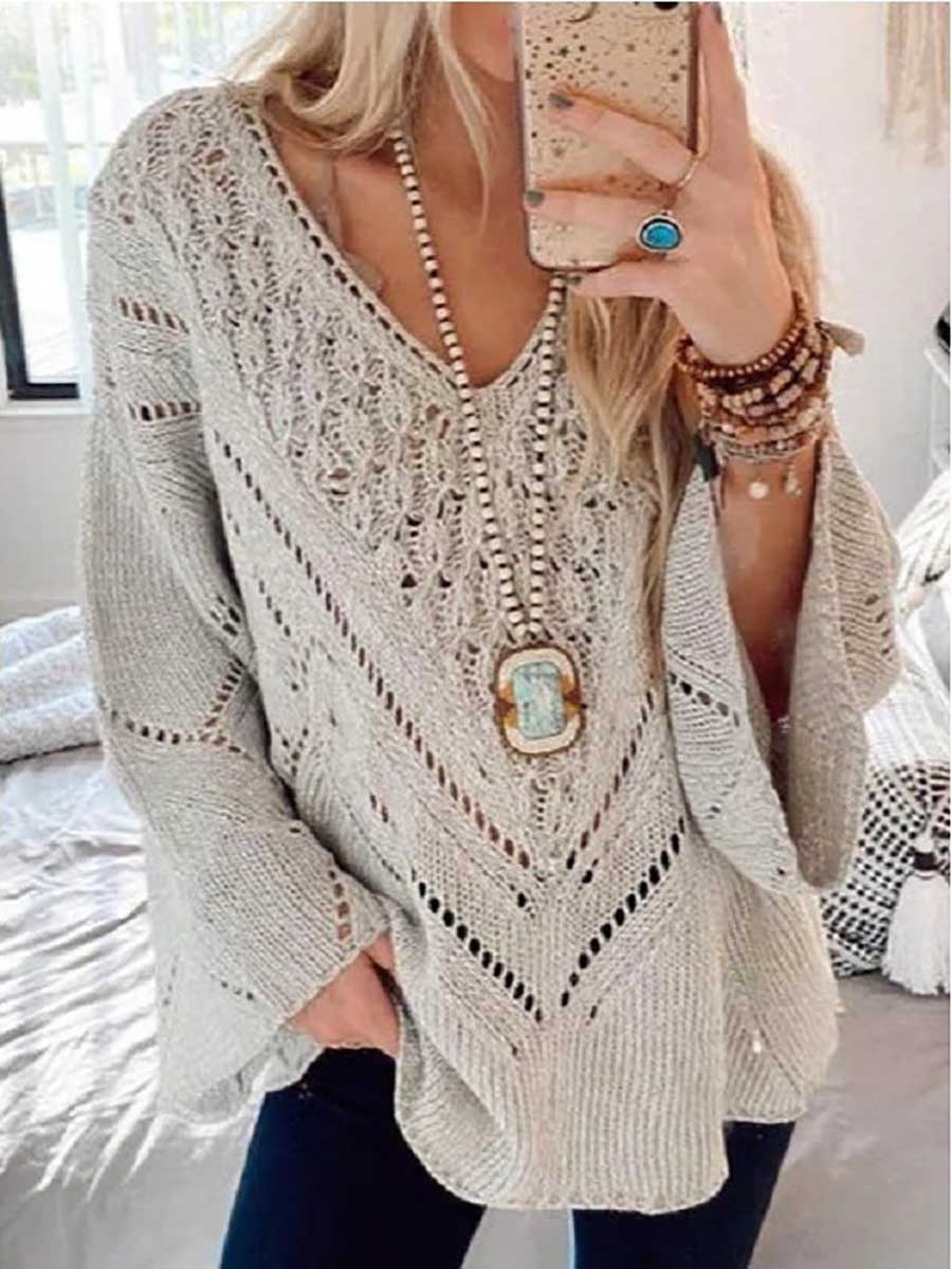 Stunncal Cutout V-Neck Flared Sleeve Sweater