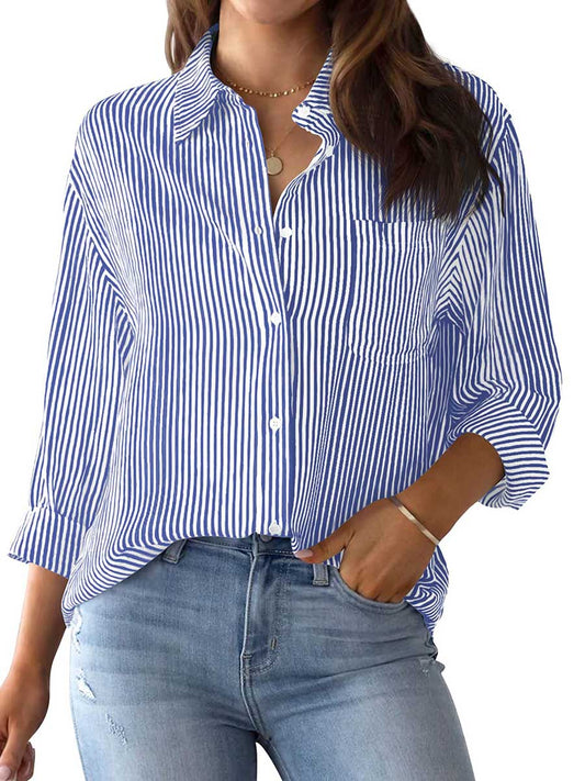 Stunncal Striped Long Sleeve Collared Shirt Top