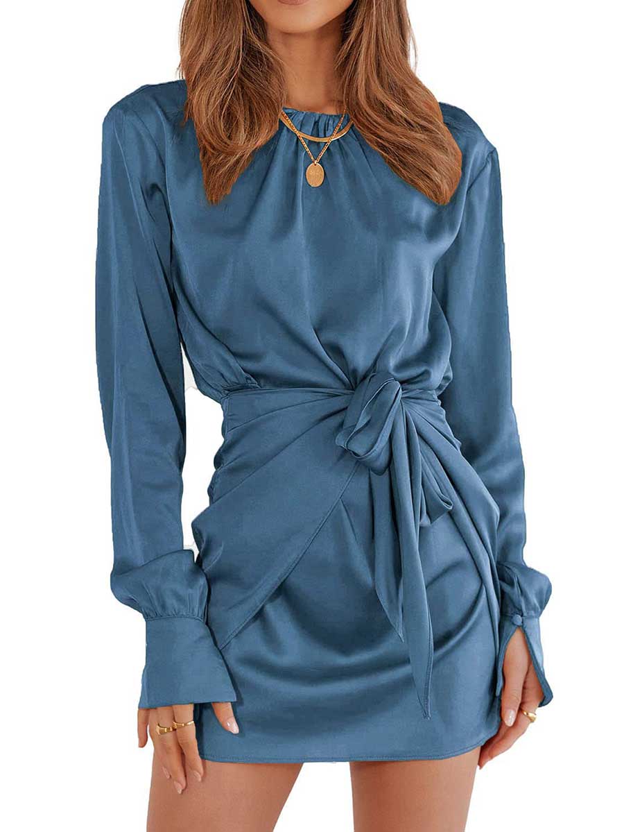 Stunncal Long Sleeve Round Neck Tie Dress