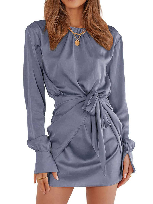 Stunncal Long Sleeve Round Neck Tie Dress