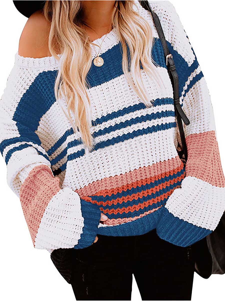 Stunncal Striped Patchwork Colorblock Crew Neck Sweater