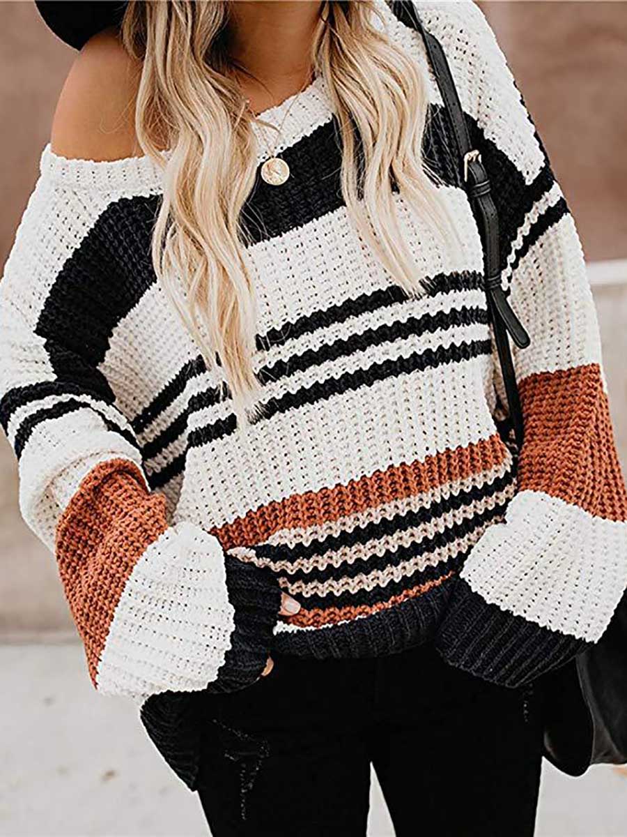 Stunncal Striped Patchwork Colorblock Crew Neck Sweater