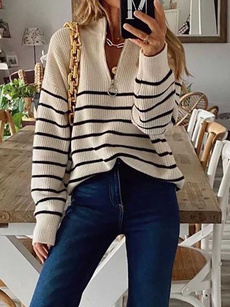 Stunncal Striped Colorblock Long Sleeve Knit Top