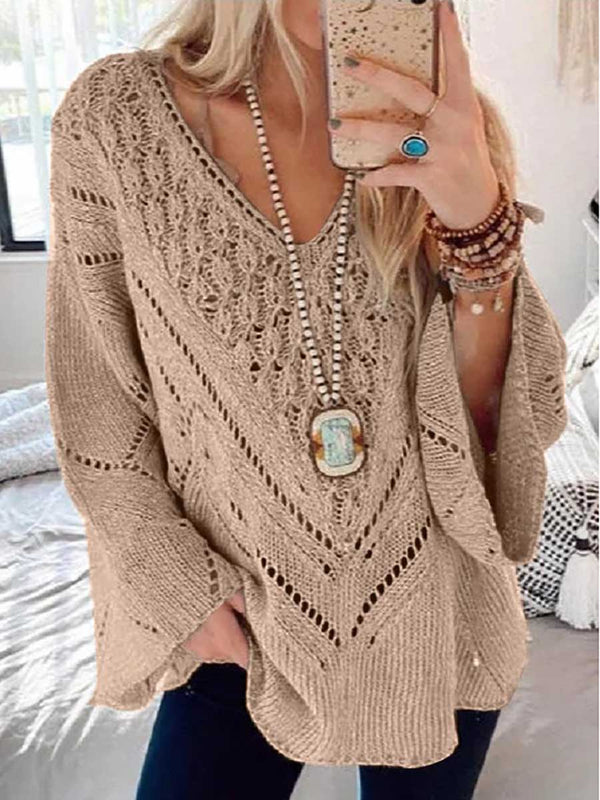 Stunncal Loose Long Sleeve Cutout V-Neck Sweater
