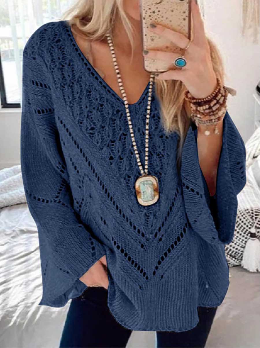 Stunncal Loose Long Sleeve Cutout V-Neck Sweater