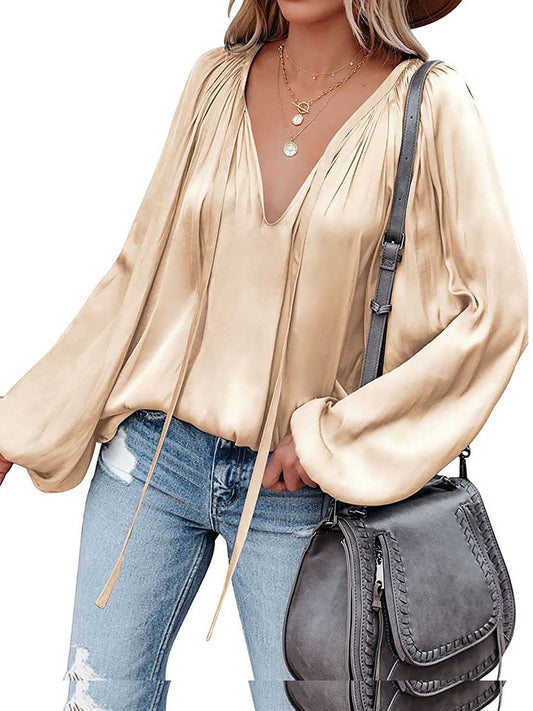 Stunncal Satin Lantern Sleeve V-Neck Tie Top