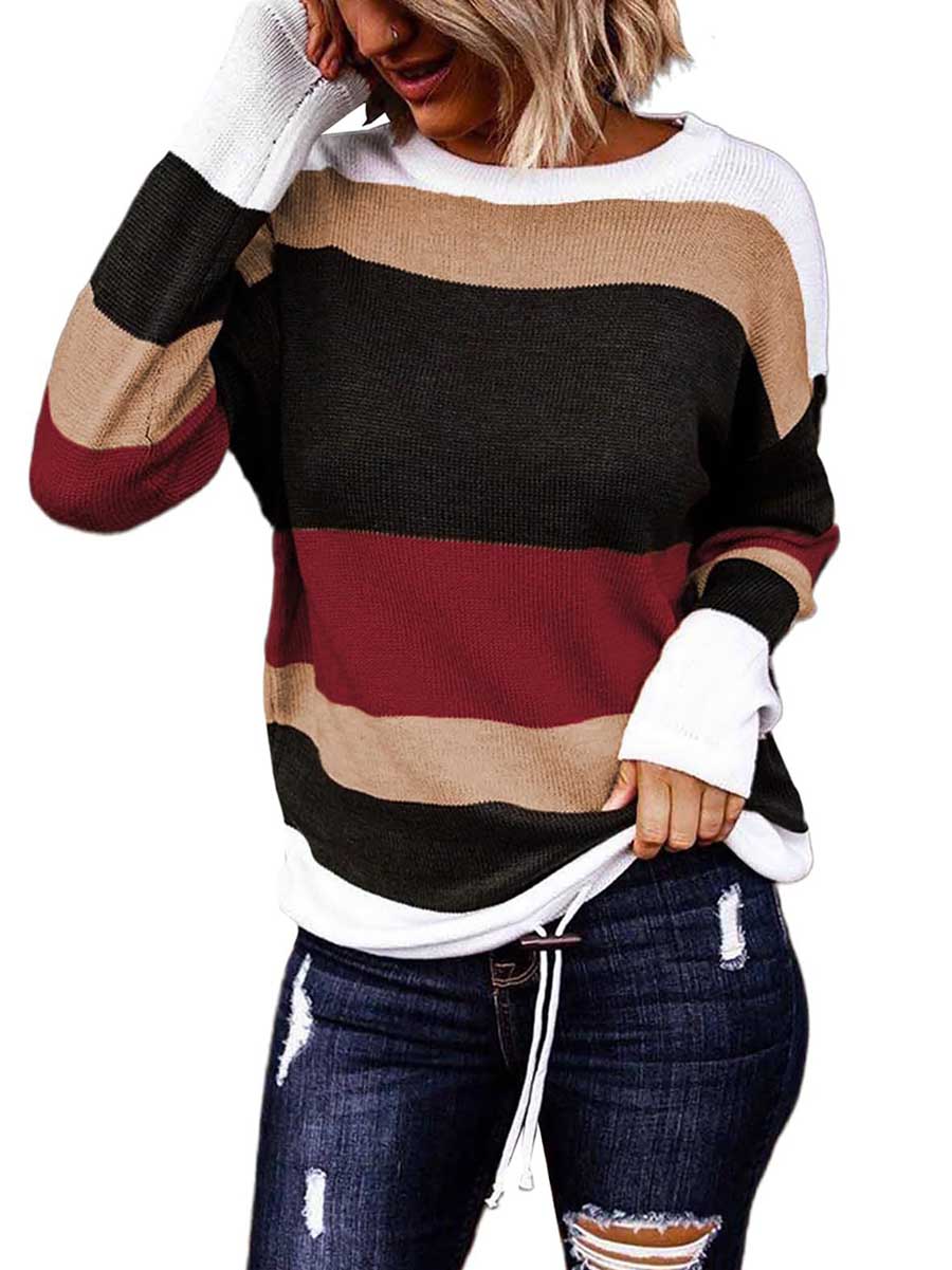 Stunncal Drawstring Sweater Crew Neck Striped Pullover