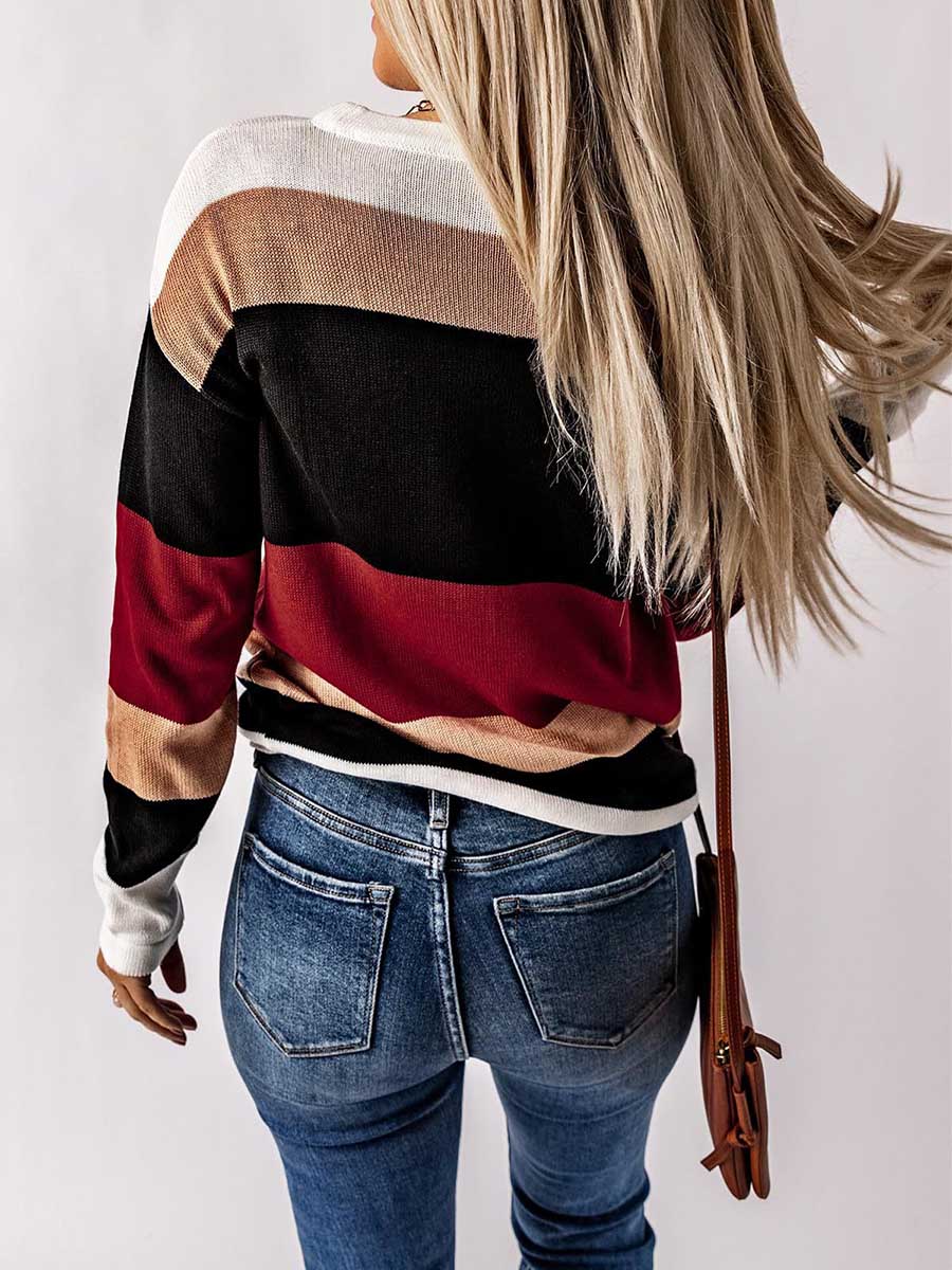 Stunncal Drawstring Sweater Crew Neck Striped Pullover